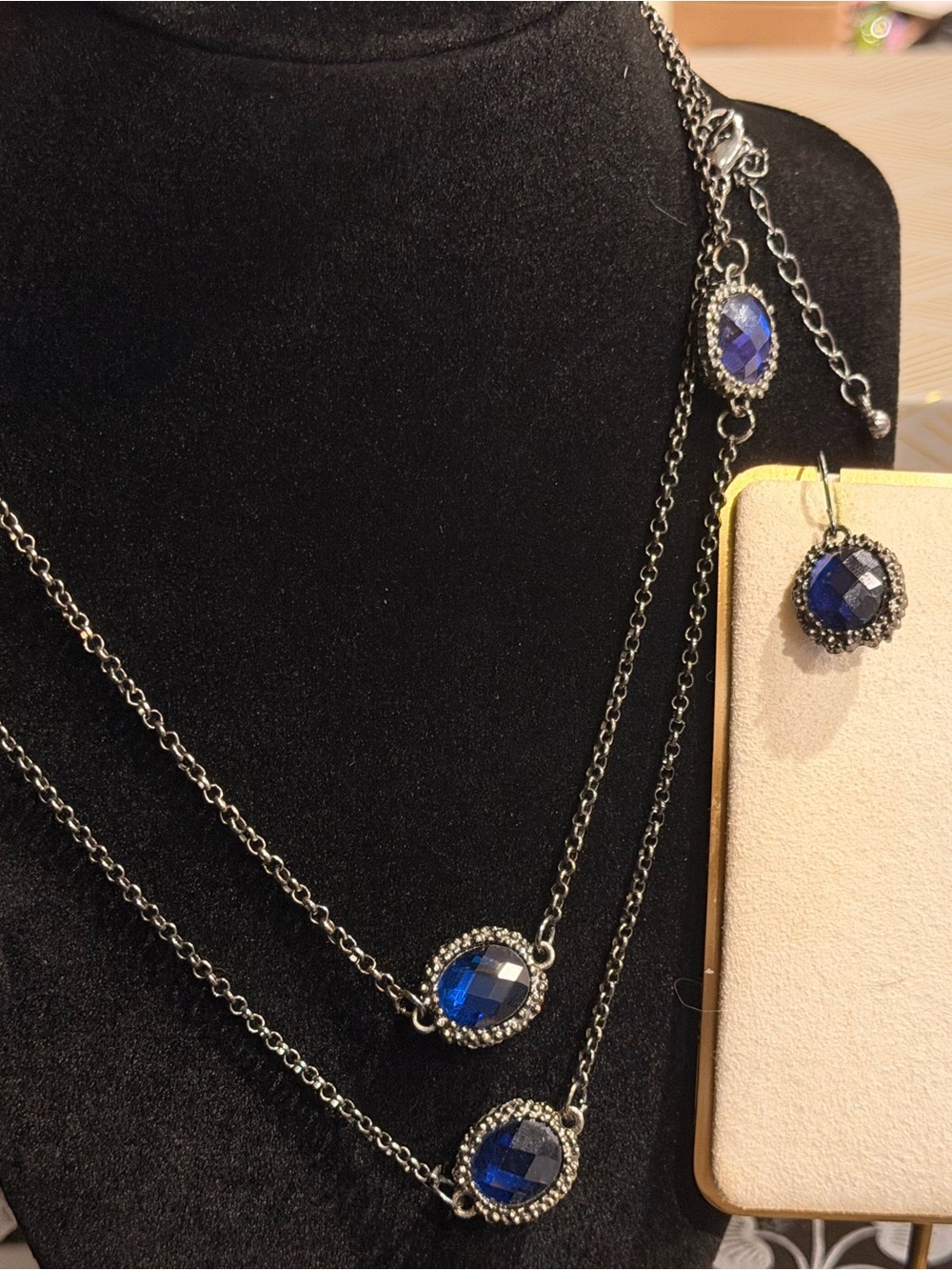Multi-Layer Blue Crystal Pendant Necklace Set - Women's Jewelry/Earrings